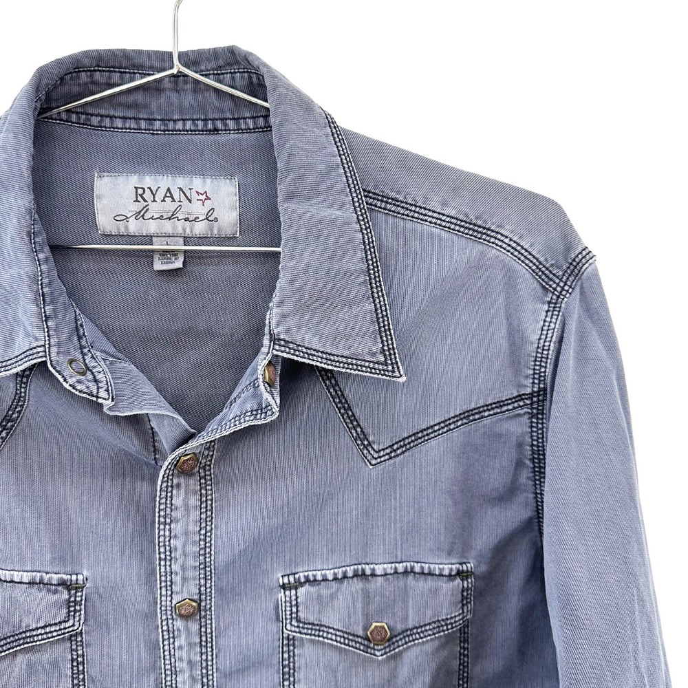 RYAN MICHAEL Western Metal Snap Thin Corduroy Button Up Shirt • Large • blue